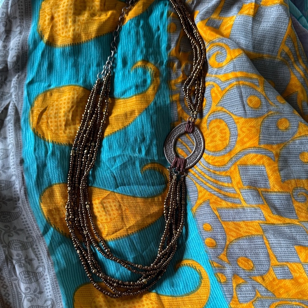 Silpada Multi-Strand Brown and Gold Beaded Necklace with Textured Pendant